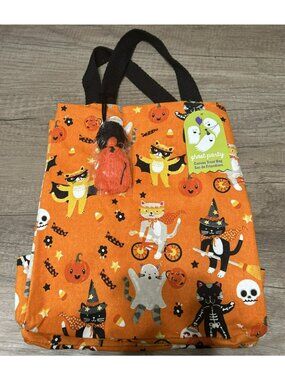 Ghost Party Halloween Canvas Treat Bag With Cat & Pumpkin Print Orange & Black I